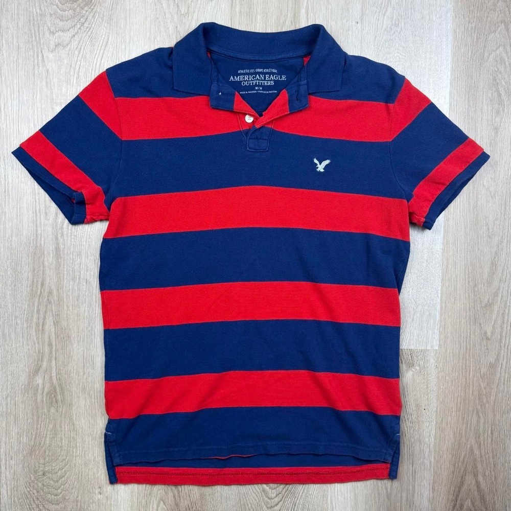 American Eagle Outfitters Striped Athletic Fit Piqué Polo Shirt Blue Red M